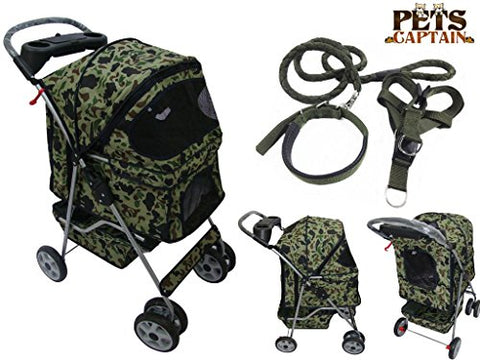 Image of Premium Quality Pet Carrier Stroller For Cat & Dog By Pets Captain, Mesh Sides & Undercarriage Storage, 2 Cup Holders, Foldable, Bonus Leash, Collar & Harness, 66 Lbs Weight Limit