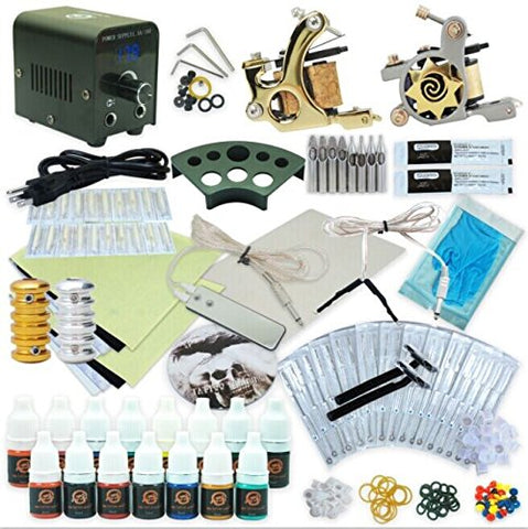 Image of 1TattooWorld Deluxe Tattoo Kit 2 Tattoo Machines, Digital Power Supply, 15 Color 5ml Tattoo Inks, Grips, Needles, Transfer Paper etc, OTW-KTB215B