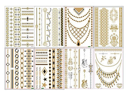 1TattooWorld 8-Sheets (6"x 8") Metallic Temporary Tattoos, Flash Tattoos, 75+ Large Tattoo Designs, OTW-TMPTS801