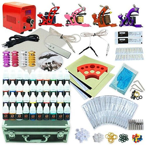 Image of 1TattooWorld Premium Red Tattoo Kit, 4 Tattoo Machines, Red Power Supply, 40 Color Tattoo Inks, Grips, Needles, Carrying case, OTW-KTR440A