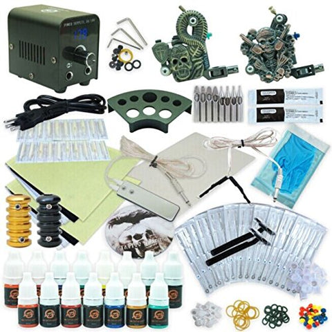 Image of 1TattooWorld Professional Tattoo Kit 2 Tattoo Machines, Digital Power Supply, 15 Color 5ml Tattoo Inks, Grips, Needles, Transfer Paper etc, OTW-KTB215A