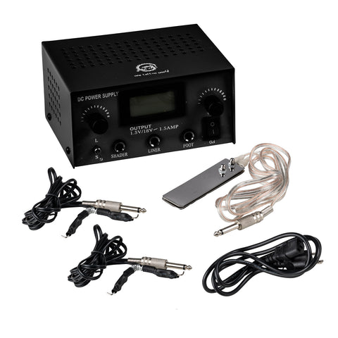 Image of One Tattoo World Dual Digital Tattoo Power Supply with Foot Pedal and 2 Clip Cords, Black Color, OTW-P008-3.1