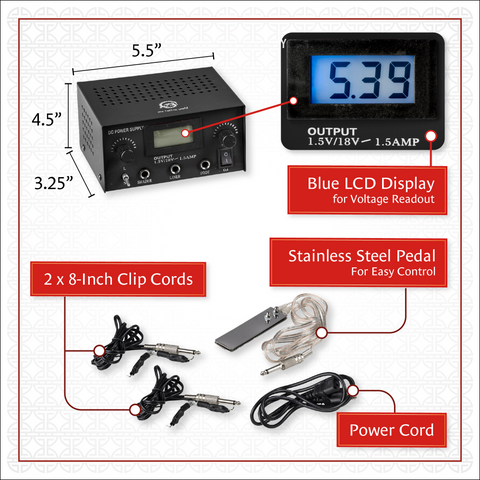 Image of One Tattoo World Dual Digital Tattoo Power Supply with Foot Pedal and 2 Clip Cords, Black Color, OTW-P008-3.1